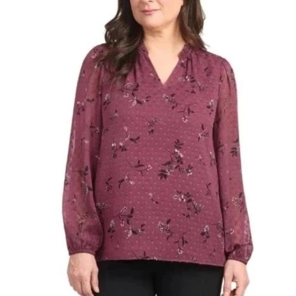 Hilary Radley Women's L Burgundy Floral Chiffon Blouse N0379